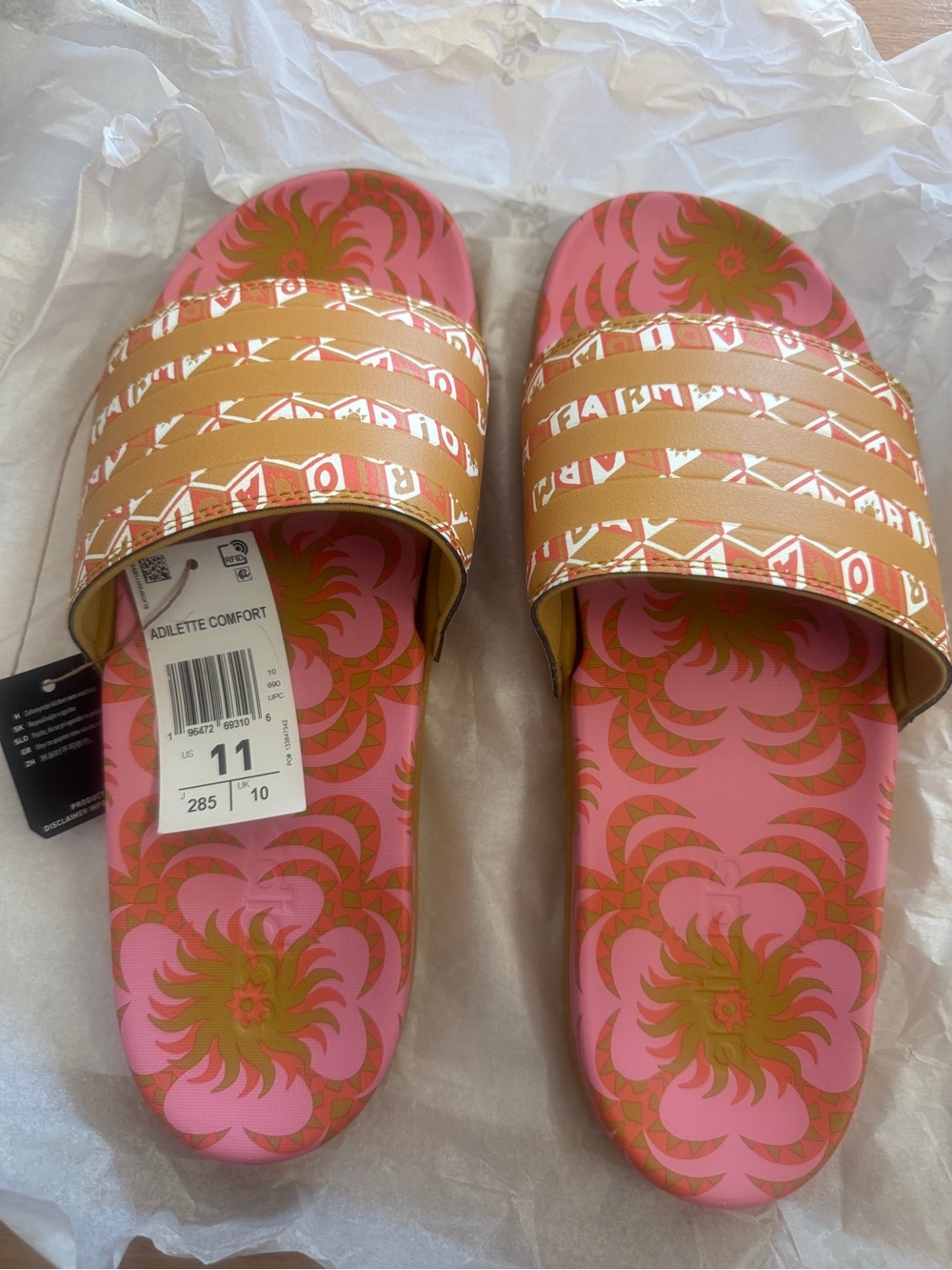 Adidas Women's Sz 11 Slide Sandals in Pink and Gold Floral Print